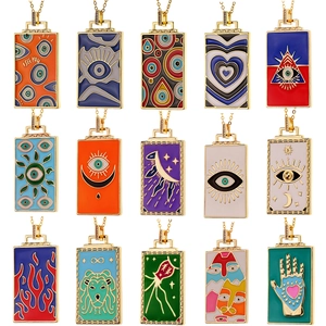 Hip Hop 18K Vergoldet Kupfer Rechteck Anhänger Halskette Zirkonia Böses Auge Emaille Tarot Karte Schmuck Für Damen
