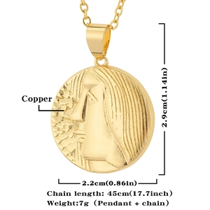 Detailed macro of 18K gold-plated zodiac pendant with vintage copper relief and dimensions