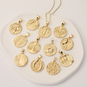Vintage Eighteen Karat Gold Plated Copper Twelve Zodiac Sign Embossed Round Coin Pendant Necklace Horoscope Daily Jewelry