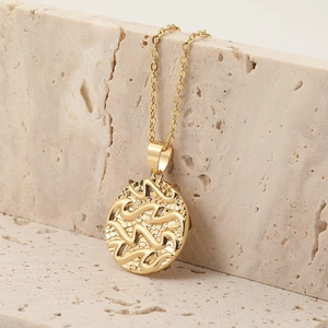 Retro 18K gold plated copper 12 zodiac round pendant necklace with wave texture