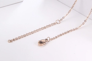 Close-up of rose gold necklace lobster clasp and extender chain with polished finish