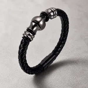 Men Braided Leather Bracelet With Titanium Steel Beads Industrial Style Wristband Hip Hop Magnetic Clasp Bangle Boyfriend Jewelry Gift