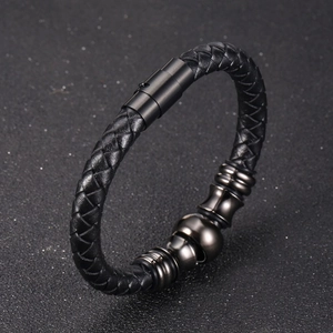 Men's woven black leather bracelet with magnetic metal clasp and industrial beads