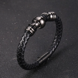 Braided black leather men bracelet with three metallic gun-grey beads and magnetic clasp