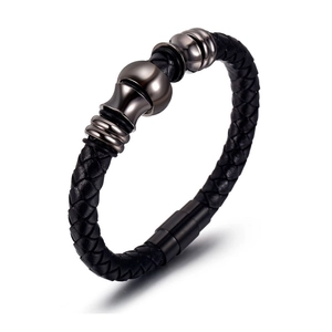 Men's braided leather bracelet with gunmetal charms and magnetic clasp in a 45-degree view