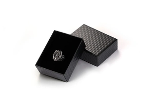 Retro silver ring with embossed hood figure in a premium black quilted jewelry gift box