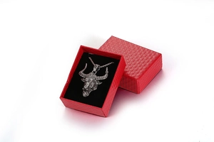 Vintage bull head pendant necklace in red textured jewelry box with black velvet lining