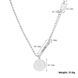 Detail of silver OT buckle necklace featuring a soul engraved tag and round relief pendant