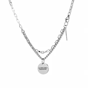 Minimalist Stainless Steel Double Layered Necklace For Men Women Engraved Round Pendant Silver Hip Hop Jewelry Accessory