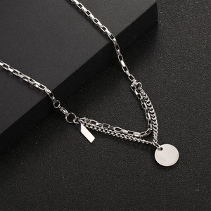 Minimalist double-layered silver chain necklace with round and rectangle pendants