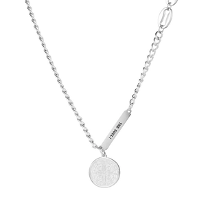 Asymmetric chain necklace with round medallion and The Soul engraved rectangle pendant