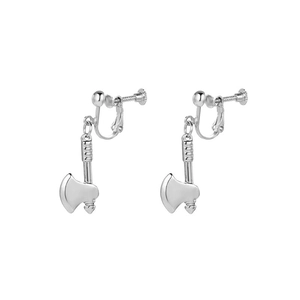 Minimalist silver steel axe clip earrings with creative miniature 3D design for women