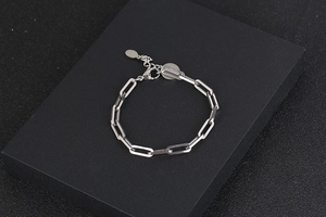 Dettaglio macro del bracciale a catena a graffetta argento con chiusura a moschettone