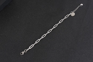 Vista macro di un bracciale a catena a graffetta in argento con chiusura a moschettone