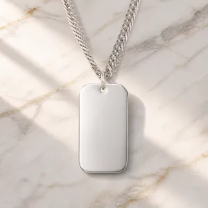 Titanium Stainless Steel Dog Tag Pendant Necklace For Men Polished Blank Rectangle ID Plate Cuban Link Chain Jewelry
