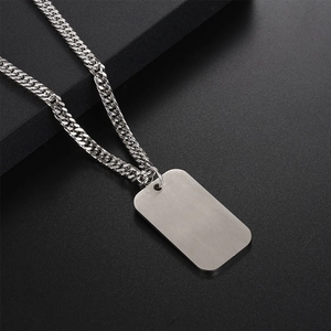 Minimalist brushed stainless steel rectangle dog tag necklace with polished curb chain