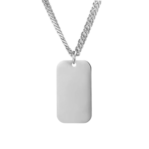 Polished silver stainless steel military dog tag pendant with curb chain for men