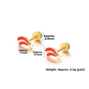 Detailed size specifications of gold-tone mini banana stud earrings with red enamel