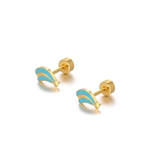 Mini gold-plated banana earrings with light blue enamel and secure screw back closure