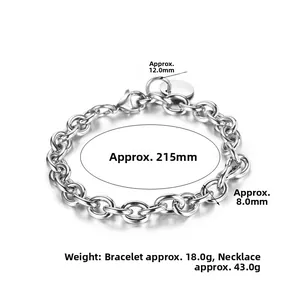 Detailed view of silver steel chain bracelet with 12mm disc charm and 215mm length specs
