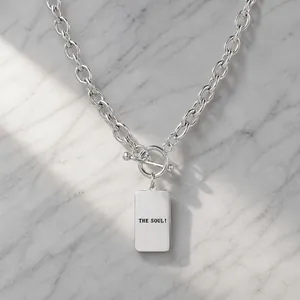 Collar de Colgante de Acero de Titanio Cierre de Barra T para Hombres Mujeres Plata Etiqueta Rectangular Grabado The Soul Joyería Streetwear
