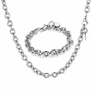 Minimalist Stainless Steel O-Chain Necklace Bracelet Set Men Hip Hop Polished Round Tag Cable Chain Jewelry Gift