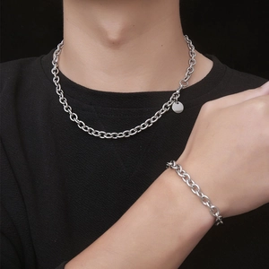 Men's silver stainless steel chain necklace and bracelet set with round pendant