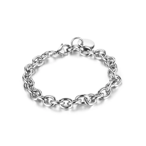 Polished silver stainless steel thick link chain bracelet with round blank metal tag