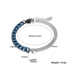 Detailansicht des zweifarbigen Metallarmbands mit blauen und silbernen Ketten, Länge 205+35mm