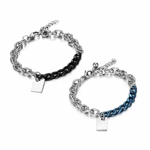 Bracciale a Catena in Acciaio al Titanio Patchwork per Uomo Donna Design a Blocchi di Colore Etichetta Rettangolare Vuota