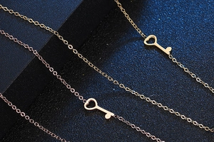 Detailed macro view of gold and rose gold stainless steel heart key pendant necklaces