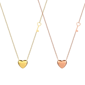 Titanium steel heart lock necklace in gold and rose gold with key detail and 520 engraving