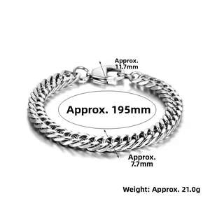 Close-up of titanium steel Cuban chain bracelet with dimensions 195mm length and 7.7mm width