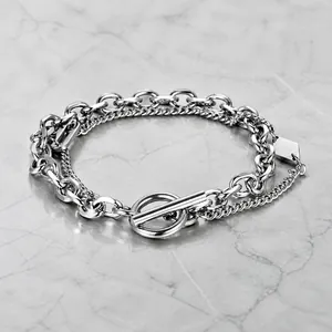 Minimalistisch Edelstahl Doppellagige Kette Armband Für Herren Damen Industriedesign Knebelverschluss Geometrischer Anhänger Schmuck