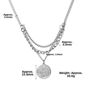 Detail of silver layered chain necklace with bohemian elephant disc pendant and dimensions
