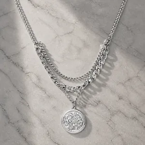 Hip Hop Multi Layered Stainless Steel Necklace For Men Vintage Elephant Coin Pendant Curb Chain Silver Layering Jewelry