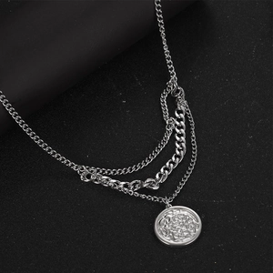 Layered titanium steel necklace with silver coin pendant for men hip hop street style