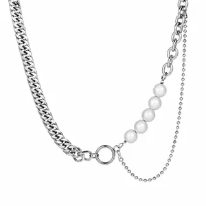 Collar Asimétrico de Acero Inoxidable Con Perlas Artificiales Eslabón Cubano Cadena en Capas Colgante de Borla Hombre Mujer Joyería Punk