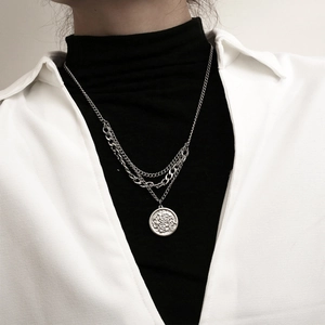 Three-layer titanium steel stacked necklace for men with vintage round pendant