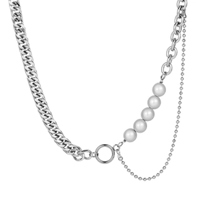 Collar de acero de titanio plateado con cadenas industriales y cinco perlas grises brillantes