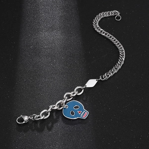 Bracciale a catena punk in acciaio inossidabile con ciondolo teschio blu e piastra rombo