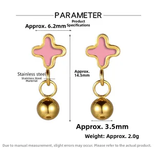 Detail view of pink clover earrings with steel ball, size 6.2mm x 14.5mm parameters