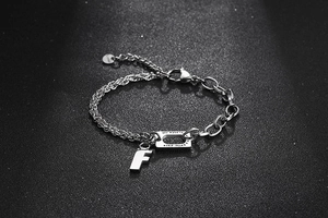 Detail of S.Steel bracelet with 'you make it a better place' plaque and F charm