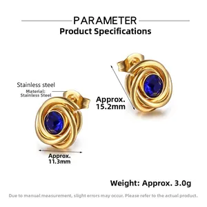 Technical dimensions of gold titanium steel earrings with blue zircon in 15.2mm x 11.3mm size