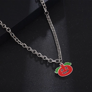 Punk Stainless Steel Pumpkin Pendant Necklace Men Women Asymmetrical Cuban Chain Red Enamel Ghost Face Halloween Jewelry