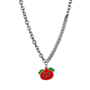 Punk pumpkin necklace with asymmetric chain and red smiling face pendant for Halloween