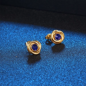 Luxury Stainless Steel Stud Earrings Deep Blue Round Zircon Gold Plated Spiral Vortex Round Earrings For Women Men Jewelry