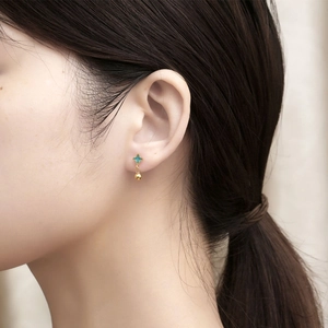 Elegant gold titanium steel stud earrings with blue-green clover charm and golden bead drop