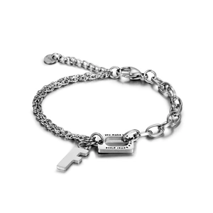 Titanium steel bracelet with letter F charm and engraved inspirational message plate