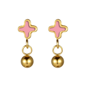 Minimalist gold stud earrings with pink cross flower and polished dangling sphere